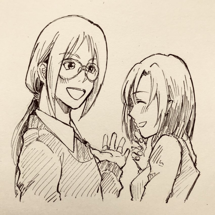 1boy 1girl collared_shirt closed_eyes glasses hand_drawn highres husband_and_wife jenius_maximilian jenius_milia laughing long_hair macross macross_7 monochrome open_mouth paper pointy_ears ponytail shirt sidelocks sweater yumekijiiro