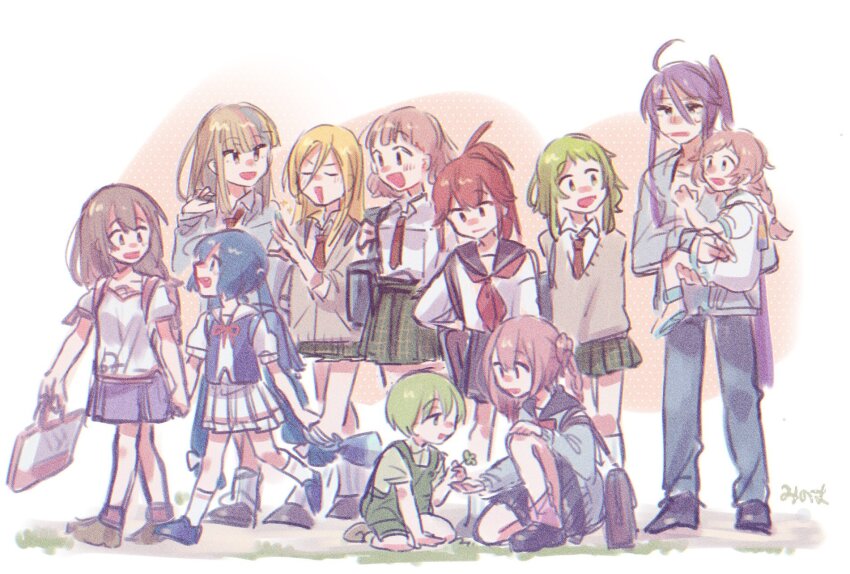 2boys 6+girls aged_down ahoge arms_behind_back bag between_legs blonde_hair blue_eyes blue_hair blue_jacket blue_pants blue_sailor_collar blue_shirt blue_skirt braid brown_eyes brown_hair brown_sweater_vest carrying carrying_person cevio child closed_eyes clover company_connection cul dress everyone galaco galaco_(prize) giving green_eyes green_hair green_skirt green_suspenders gumi hand_between_legs highres holding holding_clover holding_hands jacket kamui_gakupo kokone_(vocaloid) lily_(vocaloid) long_hair long_sleeves looking_at_another low_twin_braids low_twintails medium_hair mi_no_take multicolored_hair multiple_boys multiple_girls neckerchief necktie on_one_knee open_mouth otomachi_una pants pink_hair plaid_clothes plaid_skirt pleated_skirt ponytail purple_eyes purple_hair rana_(vocaloid) red_eyes red_hair red_neckerchief red_necktie rosa_(cevio) ryuuto_(vocaloid) sailor_collar school_uniform seiza shirt short_sleeves shoulder_bag side_ponytail sidelocks sitting skirt smile standing streaked_hair suitcase sweater_vest twin_braids twintails very_long_hair vocaloid white_dress white_skirt wide_shot
