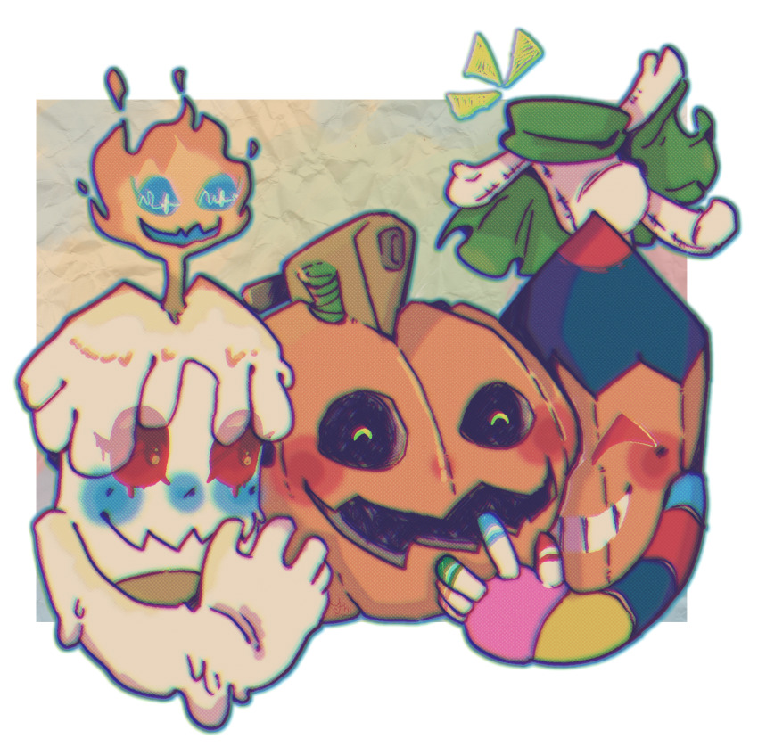 axe blue_eyes candmon digimon ekakimon fire happy highres pumpmon red_eyes smile