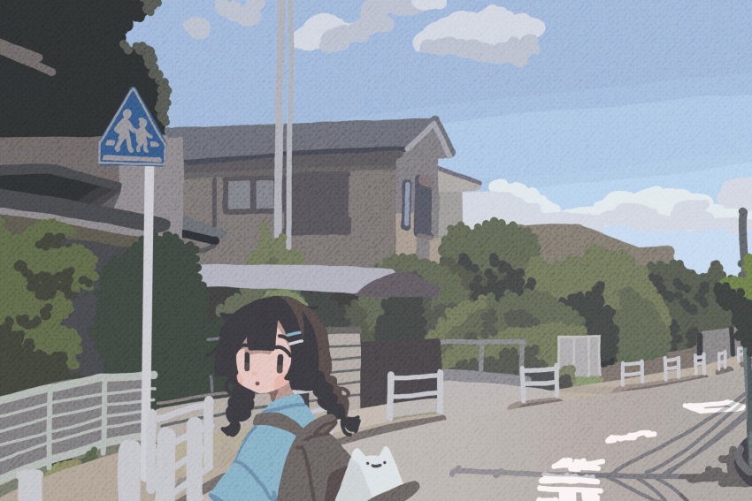 1girl backpack bag black_hair blue_shirt blue_sky braid building cloud day hair_ornament hairclip highres house kyora-chan_(kyora_san) kyora_san looking_back no_lineart original outdoors road road_sign scenery shirt sign sky solo street twin_braids