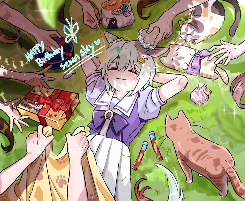 6+girls :3 =_= animal_ears arms_behind_back blanket blush bow bowtie box cat cat_teaser character_name closed_mouth ear_covers gift gift_box grass green_hair happy_birthday highres horse_ears horse_girl horse_tail lying multiple_girls on_back out_of_frame outdoors puffy_short_sleeves puffy_sleeves purple_shirt sailor_collar school_uniform seiun_sky_(umamusume) shade shadow shirt short_hair short_sleeves single_ear_cover skirt solo_focus sparkle tail tracen_school_uniform umamusume unseuking0427 white_skirt
