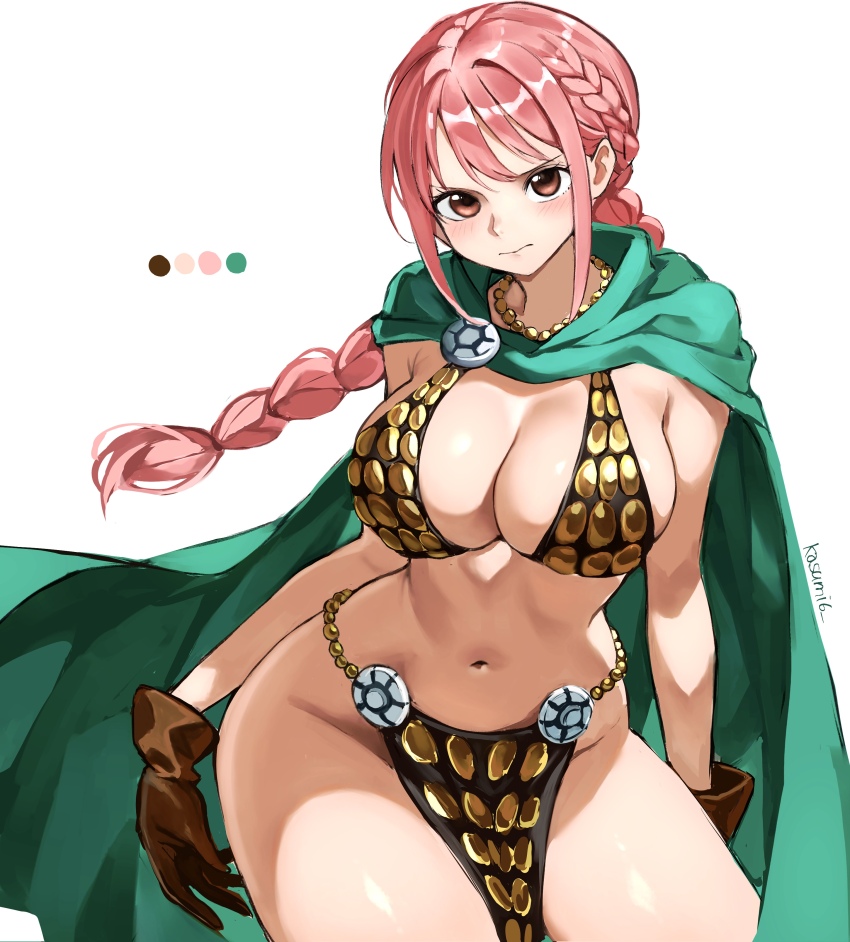1girl absurdres armor bikini_armor blush braid breasts brown_eyes cape chain cleavage color_guide commentary_request gloves gold_chain green_cape highres jewelry kasumi_6 large_breasts long_hair necklace one_piece pink_hair rebecca_(one_piece) shiny_skin thick_thighs thighs white_background wide_hips