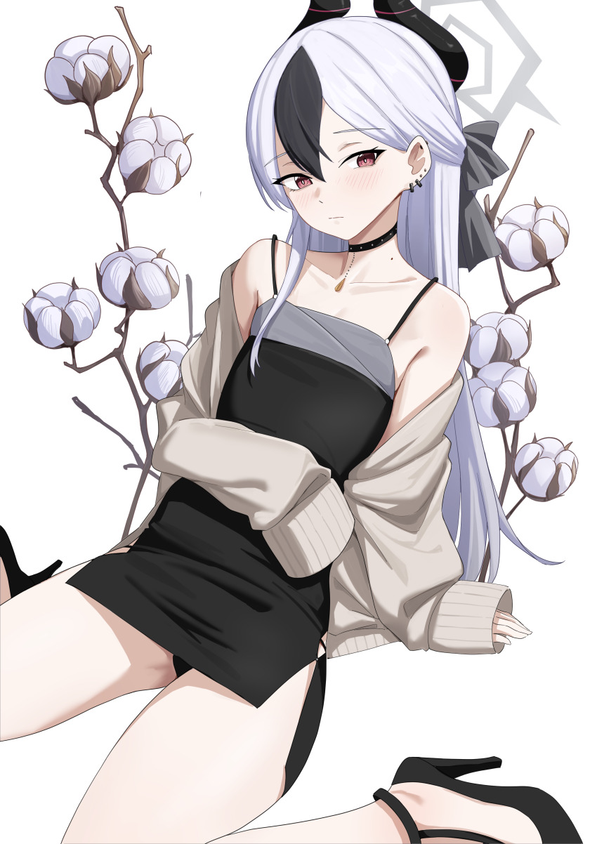 1girl absurdres black_dress black_footwear black_hair black_horns black_panties blue_archive blush boyin closed_mouth demon_horns dress ear_piercing earrings grey_hair grey_halo grey_jacket hair_between_eyes halo head_tilt high_heels highres horns jacket jewelry kayoko_(blue_archive) kayoko_(dress)_(blue_archive) long_hair long_sleeves looking_at_viewer multicolored_hair official_alternate_costume open_clothes open_jacket panties piercing red_eyes simple_background sitting solo underwear wariza white_background