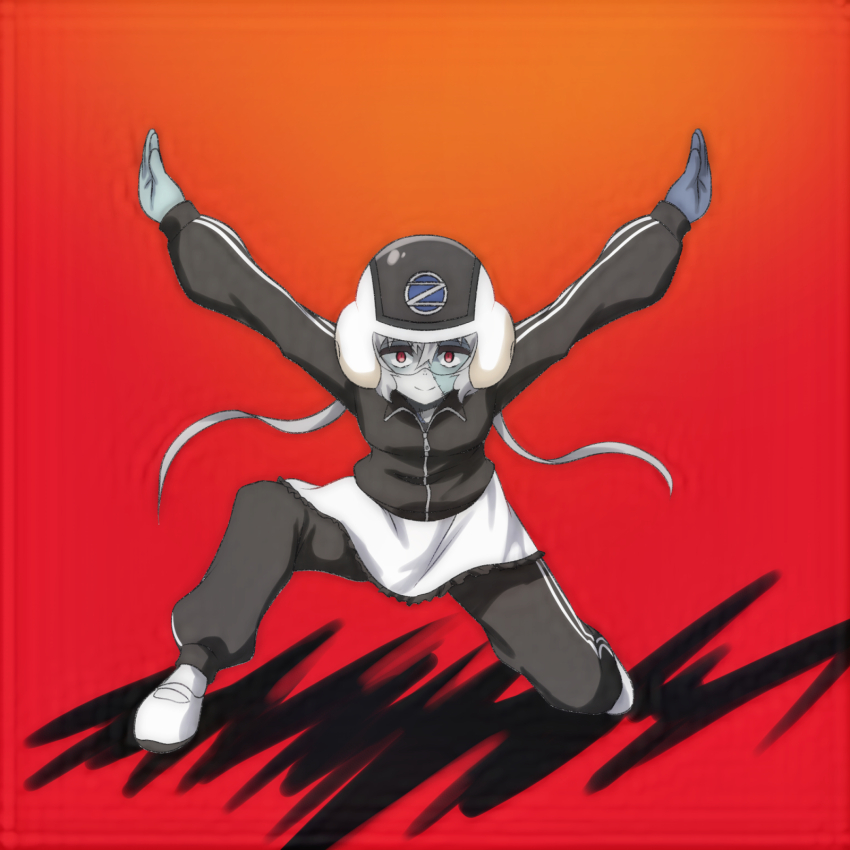 1girl black_helmet black_jacket black_pants breasts colored_skin grey_hair grey_skin helmet jacket konno_junko long_hair looking_at_viewer low_twintails medium_breasts on_one_knee pants red_background red_eyes shoes skirt smile socks stitched_face stitches superhero_costume t_jiroo_(ringofriend) track_jacket track_pants track_suit twintails uwabaki white_shoes white_skirt white_socks zombie zombie_land_saga