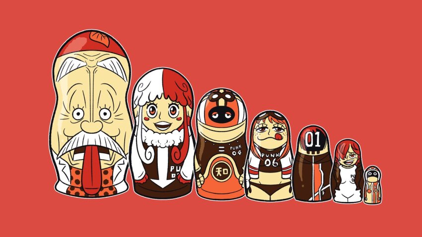 3girls 4boys bikini bikini_bottom_only bodysuit brown_eyes clothes_writing dr._vegapunk english_text freckles goggles goggles_on_head helmet looking_at_viewer matryoshka_doll medium_hair multicolored_hair multiple_boys multiple_girls numbered one_piece open_mouth orange_hair red_background red_hair robot sidelocks smile steve_yurko swimsuit tongue tongue_out two-tone_hair vegapunk_atlas vegapunk_edison vegapunk_lilith vegapunk_pythagoras vegapunk_shaka vegapunk_york white_bodysuit white_hair wrinkled_skin yellow_eyes
