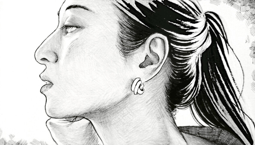 1girl commentary_request earrings erk_(vfae4358) eyelashes greyscale inktober jewelry long_hair monochrome original parted_lips ponytail portrait profile realistic solo traditional_media