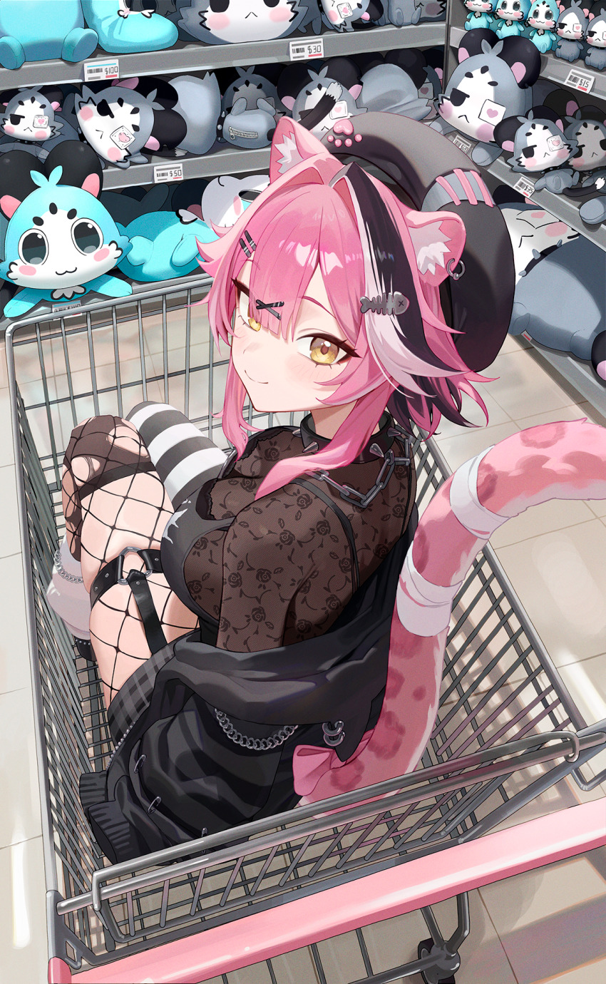 1girl animal_ear_piercing animal_ears beret black_bra black_choker black_hair black_hat black_hoodie black_shirt blush bow bra breasts character_doll chattino_(raora_panthera) choker closed_mouth commentary doll fish_skeleton_hair_ornament fishnet_thighhighs fishnets floral_print_shirt grey_skirt hair_intakes hair_ornament hairclip hat heart heart_o-ring highres hololive hololive_english hood hoodie in_shopping_cart large_breasts leg_warmers long_hair looking_at_viewer looking_back multicolored_hair o-ring o-ring_thigh_strap omochiarts panther_ears panther_girl panther_tail paw_print pink_bow pink_hair pleated_skirt price_tag raora_panthera safety_pin shirt shopping_cart skirt sleeves_past_fingers sleeves_past_wrists smile solo spiked_choker spikes streaked_hair striped_clothes striped_hoodie striped_thighhighs stuffed_toy tail thigh_strap thighhighs thighs torn_clothes torn_thighhighs underwear very_long_sleeves virtual_youtuber white_leg_warmers yellow_eyes