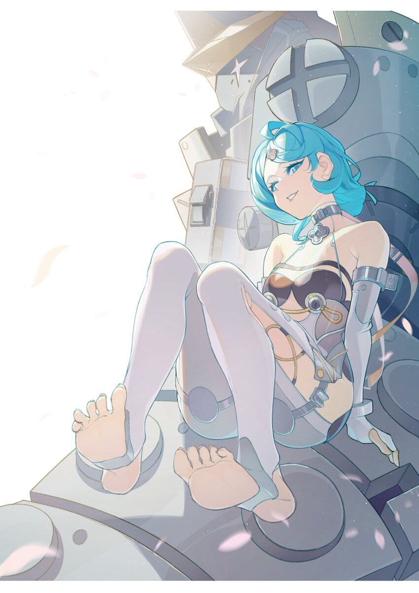 1girl 1other absurdres bare_shoulders blue_eyes blue_hair breasts clothing_cutout detached_sleeves falling_petals feet flower_hairpin formal_clothes full_body gloves hair_ornament hairpin hashtag-only_commentary highres humanoid_robot latex_pants long_hair looking_at_viewer parted_lips petals ponytail robot see-through_dress_layer seed_(zenless_zone_zero) seed_sr. side_cutout simple_background sitting small_breasts stirrup_legwear suit thigh_cutout toeless_legwear toeless_socks toes white_background white_gloves white_sleeves white_suit wolfour zenless_zone_zero