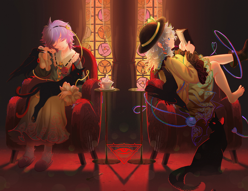 2girls bird black_bird black_boots black_cat black_hairband black_hat blue_eyes blue_shirt book boots cat closed_eyes commentary cup curtains floral_print frilled_sleeves frills green_skirt grey_hair hairband hat head_rest heart heart_of_string highres holding holding_book kaenbyou_rin kaenbyou_rin_(cat) komeiji_koishi komeiji_satori long_sleeves medium_hair multiple_girls multiple_tails pink_slippers purple_hair reading reiuji_utsuho reiuji_utsuho_(bird) ribbon rose_print seeker shadow shirt short_hair siblings single_bare_foot sisters sitting sitting_sideways skirt slippers socks stained_glass sugar_cube tail teacup third_eye touhou two_tails white_socks wide_sleeves yellow_ribbon yellow_shirt