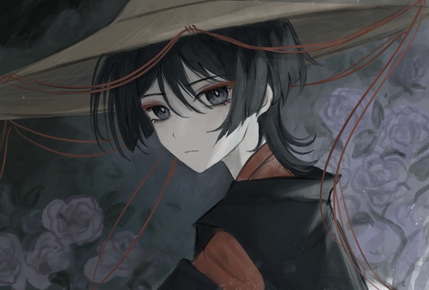 1boy ajirogasa black_eyes black_hair blunt_ends bright_pupils brown_hat closed_mouth clothing_cutout expressionless eyelashes eyeliner eyeshadow floral_background flower from_side genshin_impact hat highres japanese_clothes kariginu kimono kuronushi_(genshin_impact) layered_kimono layered_sleeves looking_at_viewer makeup male_focus portrait purple_flower red_eyeliner red_eyeshadow red_kimono scaramouche_(genshin_impact) shoulder_cutout solo string tsurime white_pupils yoruli_e