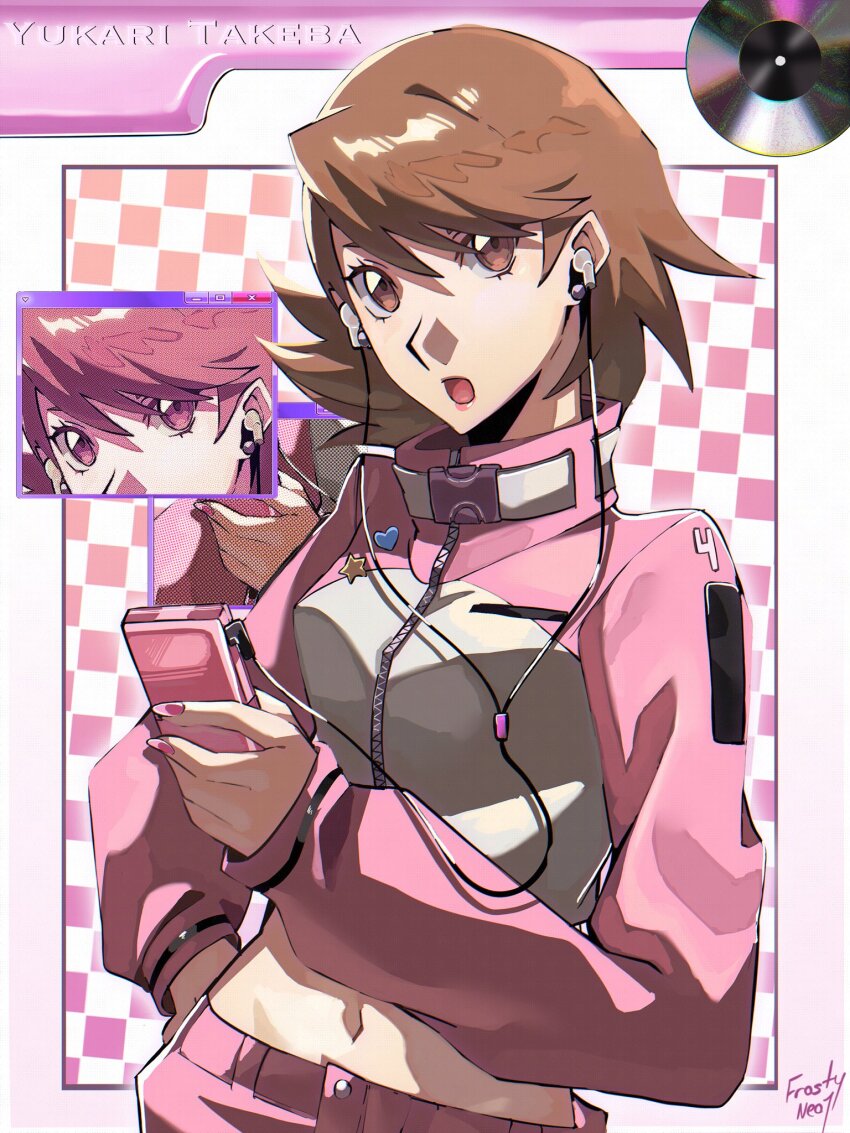 1girl alternate_costume artist_name badge brown_eyes brown_hair button_badge character_name checkered_background commentary cropped_jacket earphones earrings flipped_hair frosty_neo1 hand_on_own_hip heart highres holding holding_phone jacket jewelry listening_to_music long_sleeves looking_at_viewer midriff midriff_peek nail_polish navel open_mouth persona persona_3 phone pink_jacket pink_nails short_hair solo star_(symbol) stud_earrings takeba_yukari track_jacket upper_body vinyl_record zipper