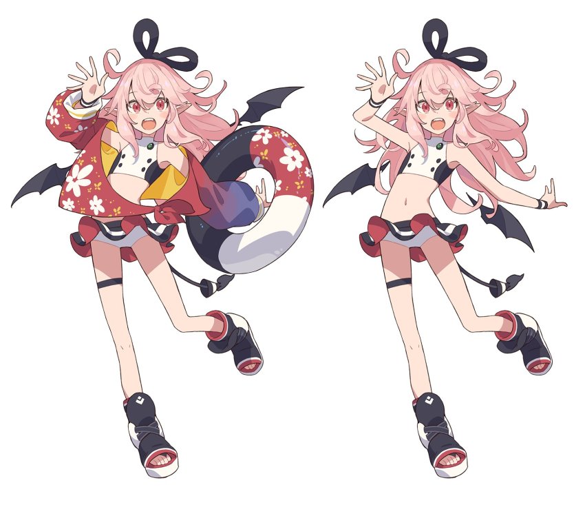 1girl bikini bikini_under_clothes blush bow commentary_request demon_tail demon_wings frilled_thigh_strap hair_bow highres holding holding_swim_ring innertube jacket narumi_arata open_mouth original pink_eyes pink_hair pointy_ears recri_(narumi_arata) ribbon shadow short_hair simple_background standing standing_on_one_leg swim_ring swimsuit swimsuit_skirt swimsuit_under_clothes tail thigh_strap white_background white_bikini wings