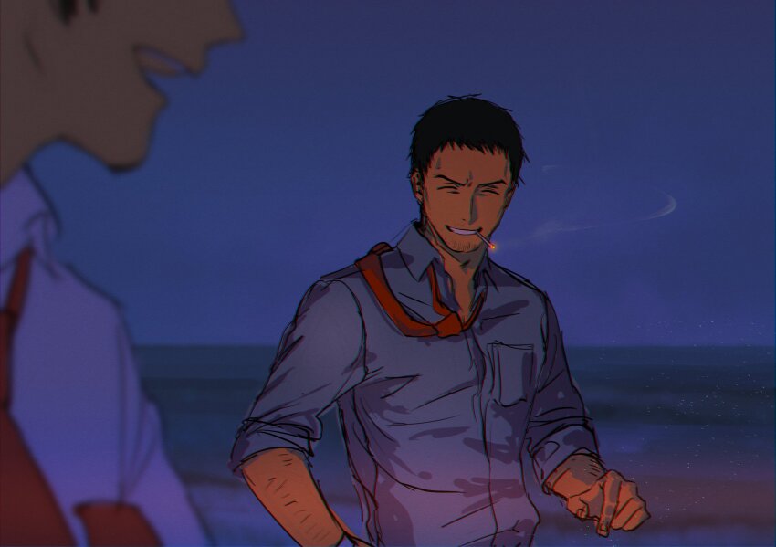 2boys adachi_tooru black_hair blue_shirt cigarette closed_eyes doujima_ryoutarou highres index_finger_raised long_sleeves morrisuit multiple_boys necktie night night_sky ocean parted_lips persona persona_4 pointing red_necktie shirt sky sleeves_rolled_up smile smoke smoking white_shirt