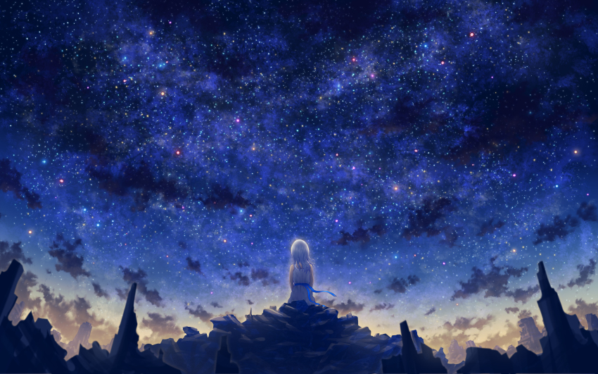 1girl absurdres au_ito blue_ribbon cloud commentary_request dress dress_ribbon floating_clothes from_behind highres long_hair looking_up night night_sky original post-apocalypse ribbon rubber_duck ruins scenery sitting sky sky_focus sleeveless sleeveless_dress solo star_(sky) starry_sky straight_hair very_wide_shot white_dress white_hair wind