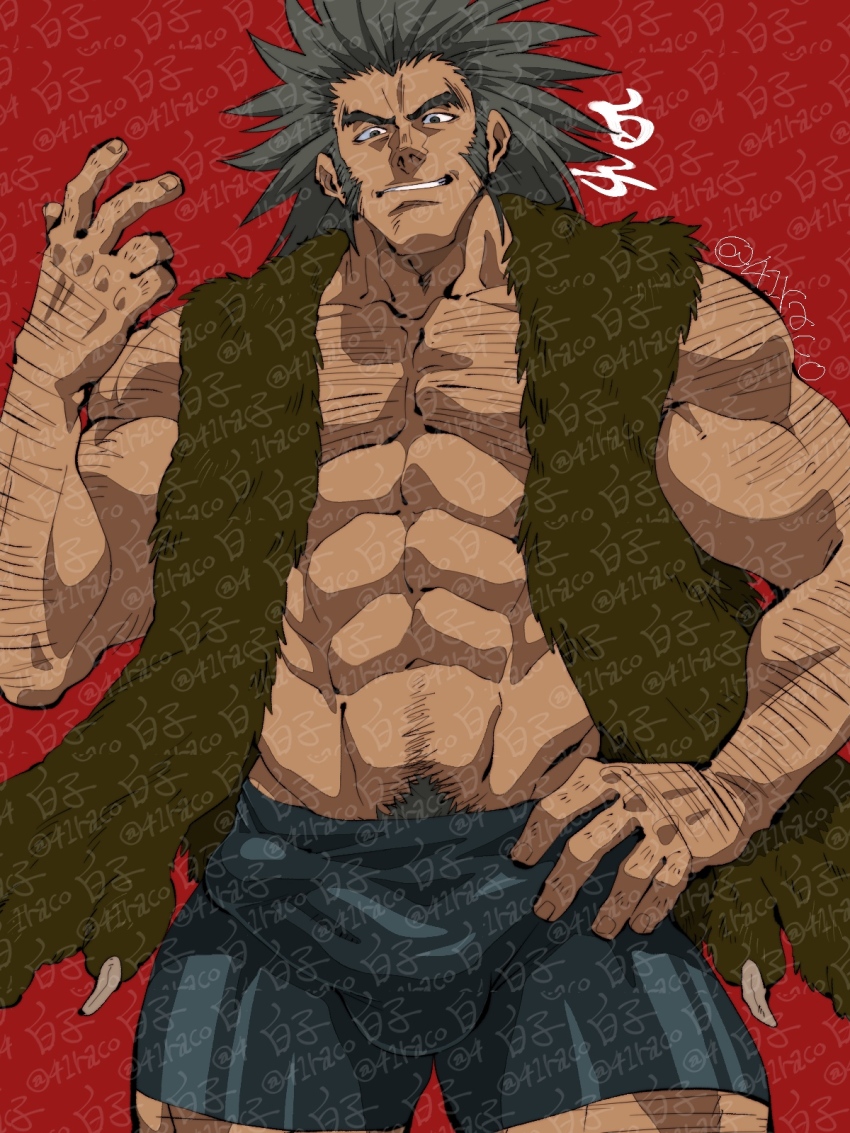 1boy abs back_hair bara bulge cowboy_shot erection erection_under_clothes facial_hair grey_hair hairy hand_up highres hunter_x_hunter large_pectorals long_sideburns looking_at_viewer male_focus mature_male medium_hair muscular muscular_male navel navel_hair pectoral_cleavage pectorals shirako_(kirupi) shorts sideburns sideburns_stubble smirk solo spiked_hair standing stomach stubble taut_clothes taut_shorts thick_arm_hair thick_chest_hair thick_eyebrows thick_thighs thighs too_many_watermarks uvogin very_hairy watermark
