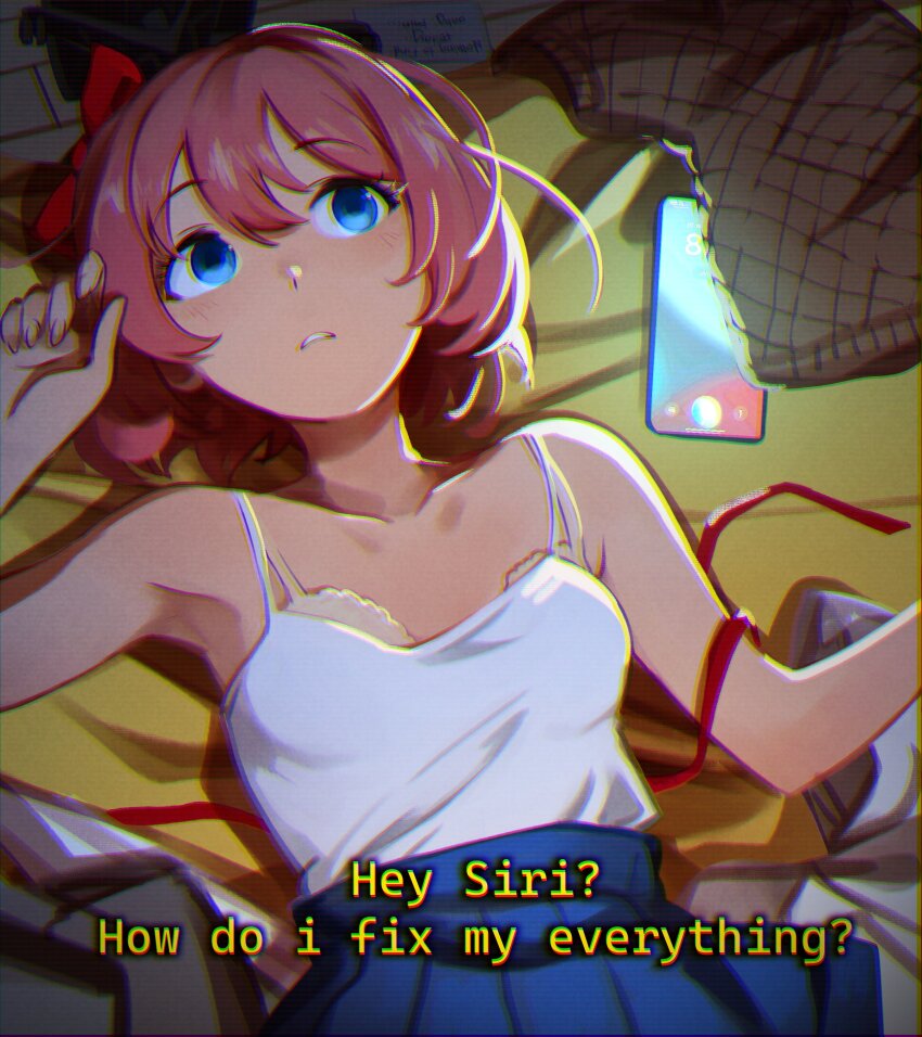 1girl absurdres bare_arms bare_shoulders blue_eyes bow bra breasts brown_vest chromatic_aberration d: doki_doki_literature_club english_text hair_between_eyes hair_bow highres jacket khyle. looking_up lying on_back open_mouth phone pink_hair pleated_skirt red_bow reference_request ribbon sayori_(doki_doki_literature_club) shirt shirt_tucked_in short_hair skirt small_breasts solo teeth underwear unworn_jacket unworn_vest vest white_shirt