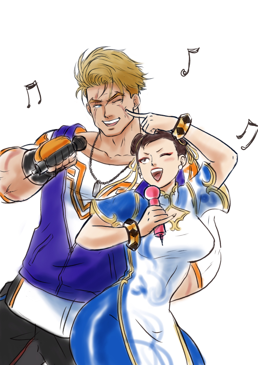 1boy 1girl absurdres bardy_warrior black_gloves blonde_hair blue_eyes breasts brown_eyes brown_hair capcom chun-li double_bun dress fingerless_gloves gloves hair_bun highres holding holding_microphone luke_sullivan microphone music purple_vest scar scar_on_face singing street_fighter street_fighter_6 vest white_background white_dress