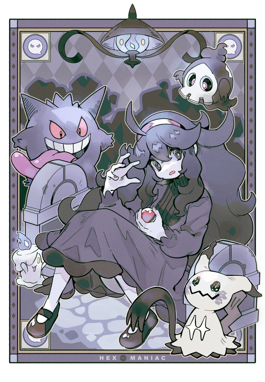1girl @_@ ahoge alpaca_carlesi dress duskull full_body gen_1_pokemon gen_3_pokemon gen_5_pokemon gen_7_pokemon gengar hairband hex_maniac_(pokemon) highres holding holding_poke_ball lampent litwick long_hair mimikyu nintendo open_mouth poke_ball poke_ball_(basic) poke_ball_symbol pokemon pokemon_(creature) pokemon_xy purple_dress purple_hair tombstone very_long_hair