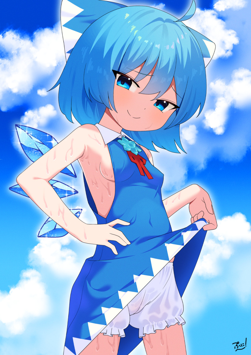 1girl alternate_costume armpit_crease bloomers blue_bow blue_dress blue_eyes blue_hair blue_sky blush bow breasts cirno cloud day dress hair_bow highres ice ice_wings lifting_own_clothes looking_at_viewer punidayo red_bow ribbon short_hair sideboob signature sky sleeveless smile solo sweat sweatdrop touhou underwear very_sweaty wings