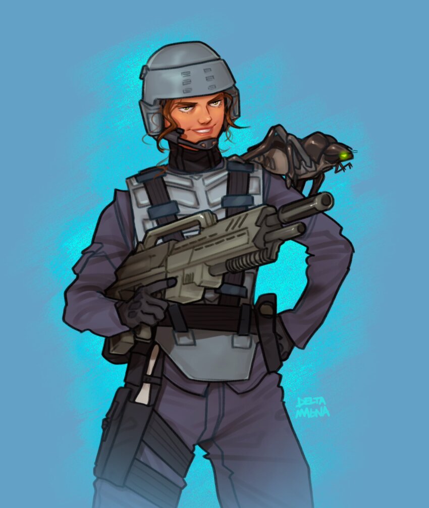 1girl ammunition_pouch arachnid_(starship_troopers) battle_rifle body_armor bullpup carbine chin_strap deltamagna gloves gun helmet highres military_uniform morita_assault_rifle pouch pump-action_shotgun red_hair rifle short-barreled_rifle shotgun signature smile solo starship_troopers trigger_discipline underbarrel_shotgun weapon