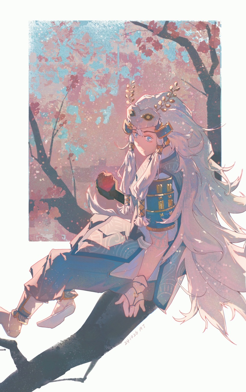 1girl absurdres apple blue_eyes food fruit gensou_getsumen_rt highres holding holding_food holding_fruit link nintendo on_tree sitting the_legend_of_zelda the_legend_of_zelda:_tears_of_the_kingdom tree