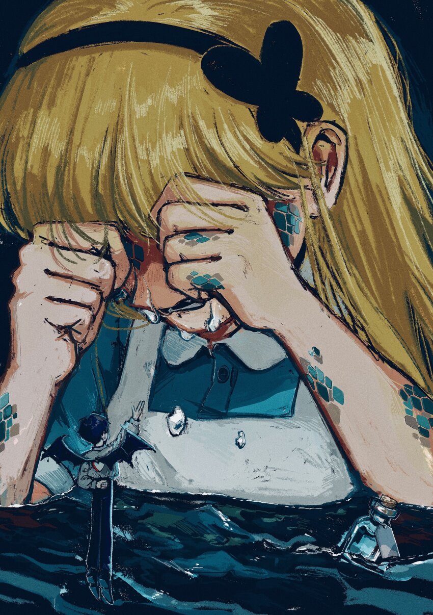 1boy 1girl absurdres alice_(alice_in_wonderland) alice&#039;s_adventures_in_wonderland arm_behind_back bat_wings black_hair black_hairband blonde_hair bottle butterfly_hair_ornament commentary_request crying hair_ornament hairband highres mini_person miniboy natchan_blue_(nanairopenki) partially_submerged rubbing_eyes scales tears water wings