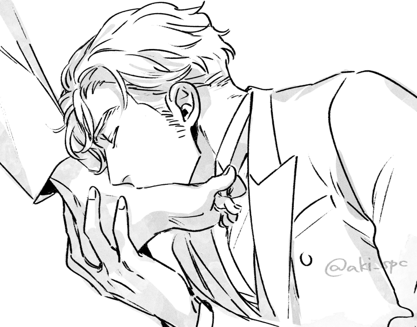 2boys aki_(supekutooru) ao_isami barefoot closed_eyes couple facial_hair feet foot_focus formal_clothes greyscale highres kissing_foot lewis_smith male_focus monochrome multiple_boys pants profile sideburns_stubble solo_focus stubble suit thick_eyebrows upper_body yaoi yuuki_bakuhatsu_bang_bravern
