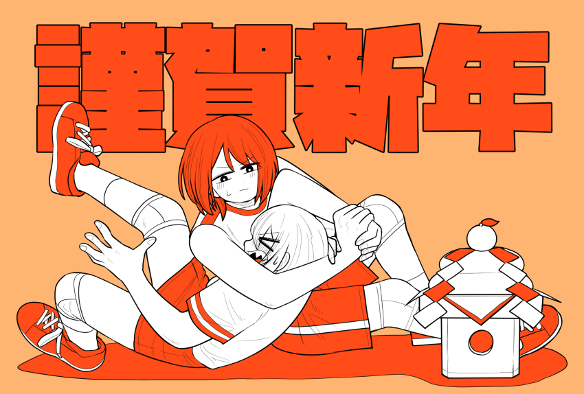 &gt;_&lt; 2girls anaconda_vice gym_uniform highres kagami_mochi knee_pads lying multiple_girls original pepopumpkin09 red_footwear red_hair red_shorts sharp_teeth short_sleeves shorts simple_background submission_hold sweatdrop teeth wrestling