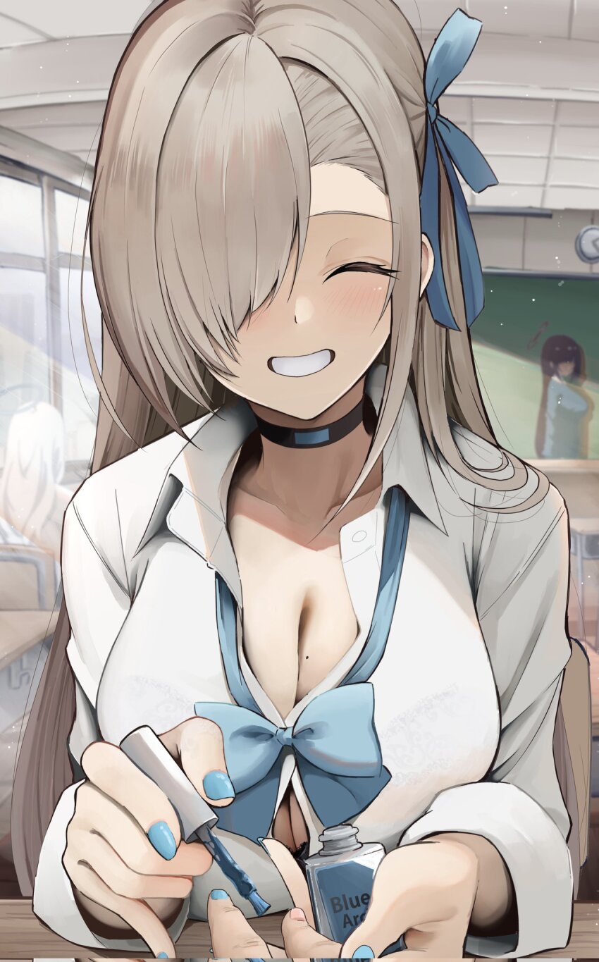 3girls applying_manicure asuna_(blue_archive) asuna_(school_uniform)_(blue_archive) black_hair blue_archive blue_bow blue_bowtie blue_cardigan blue_halo blue_scrunchie blush bow bowtie breasts cardigan closed_eyes cosmetics dark-skinned_female dark_skin grin halo highres karin_(blue_archive) karin_(school_uniform)_(blue_archive) long_hair multiple_girls nail_polish nail_polish_bottle nail_polish_brush painting_nails school_uniform scrunchie sezok shirt skirt smile white_shirt wrist_scrunchie