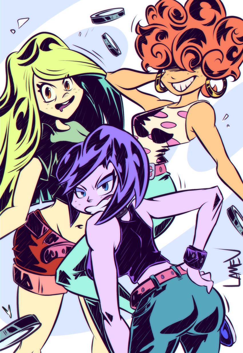 3girls absurdres belt black_tank_top blonde_hair blue_hair cartoon_network coin ed_edd_n_eddy highres lamevision lee_kanker marie_kanker may_kanker multiple_girls orange_hair pants polka_dot polka_dot_shirt shirt simple_background smile tank_top toon_(style)