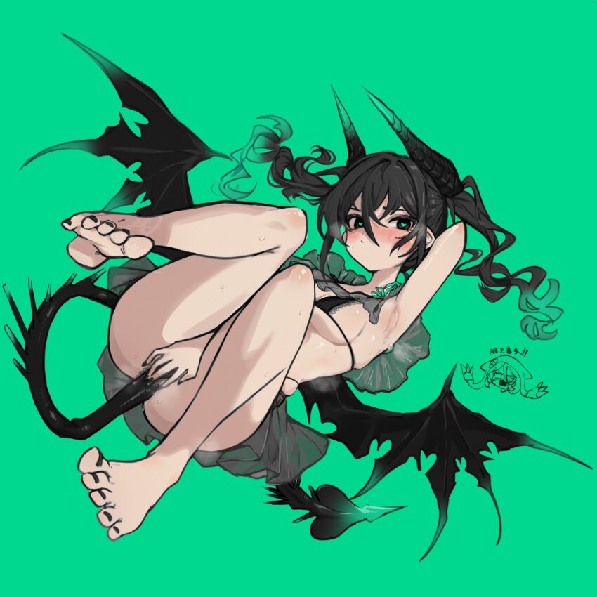 2girls anderson_m0311 armpits bikini black_bikini black_eyes black_hair breasts demon_girl demon_horns demon_tail demon_wings full_body green_background hayasaka_mirei heart heart-shaped_pupils highres horns idolmaster idolmaster_cinderella_girls looking_at_viewer medium_breasts multiple_girls solo_focus sunazuka_akira swimsuit symbol-shaped_pupils tail toes twintails wings