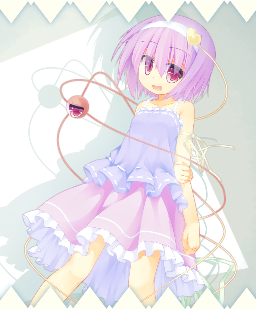 1girl :d adapted_costume alternate_costume arm_at_side arm_behind_back arm_ribbon armpit_crease bare_arms bare_shoulders blue_camisole camisole clenched_hand collarbone contrapposto drop_shadow eyeball eyes_visible_through_hair feet_out_of_frame framed frilled_camisole frills grey_background hair_between_eyes hair_ornament hairband hand_on_own_arm hassai heart heart_hair_ornament highres holding_own_arm komeiji_satori legs_apart long_bangs looking_at_viewer open_mouth petticoat purple_eyes purple_hair purple_skirt ribbon ribbon-trimmed_camisole ribbon_trim short_hair skirt sleeveless smile solo spaghetti_strap standing string thick_eyelashes third_eye touhou white_hairband white_ribbon
