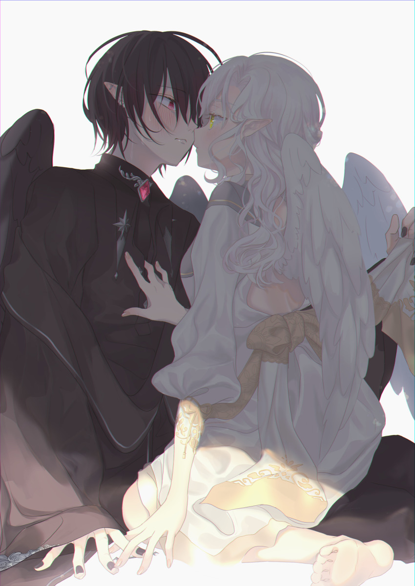 1boy 1girl angel angel_and_devil angel_wings bare_back barefoot black_hair black_nails black_robe black_wings blush closed_mouth demon_boy feathered_wings green_eyes hand_on_another&#039;s_chest hetero highres long_hair looking_at_another original parted_bangs parted_lips pointy_ears purimo_(xxxmofmof) red_eyes robe short_hair slit_pupils sweat white_hair white_robe white_wings wings yellow_nails