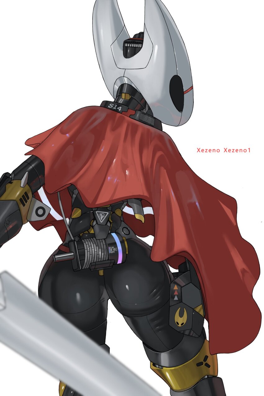 1girl arthropod_girl artist_name ass black_eyes black_skin blank_eyes blurry blurry_foreground cable cloak colored_skin female_focus from_behind furry furry_female highres hollow_knight hollow_knight:_silksong hornet_(hollow_knight) looking_at_viewer looking_back mechanization needle_(hollow_knight) red_cloak simple_background solo standing white_background xezeno