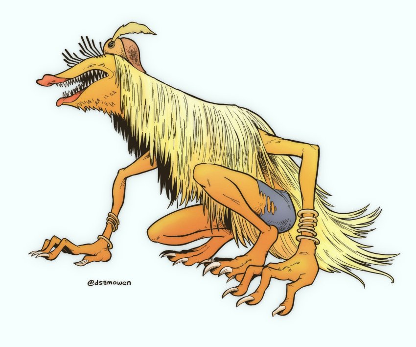 blonde_hair bloodborne colored_skin creature fingernails fusion grey_background hat hat_feather highres janice_(muppets) long_hair muppets open_mouth sam_o sharp_fingernails sharp_teeth shorts simple_background teeth torn_clothes torn_shorts vicar_amelia yellow_skin