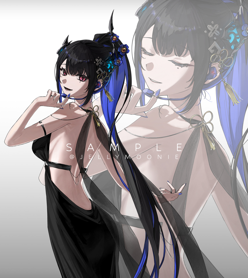 1girl :d alternate_costume arm_strap asymmetrical_horns backless_dress backless_outfit black_dress black_hair blue_hair blue_nails breasts closed_eyes colored_inner_hair commentary demon_horns dress english_commentary flower flower_knot hair_ornament hand_up headset high_ponytail highres hololive hololive_english horn_flower horns long_hair looking_at_viewer looking_back median_furrow medium_breasts mole mole_under_eye moonie multicolored_hair nail_polish nerissa_ravencroft open_mouth parted_lips ponytail purple_eyes sample_watermark sleeveless sleeveless_dress smile solo tassel tassel_hair_ornament uneven_horns very_long_hair virtual_youtuber watermark zoom_layer