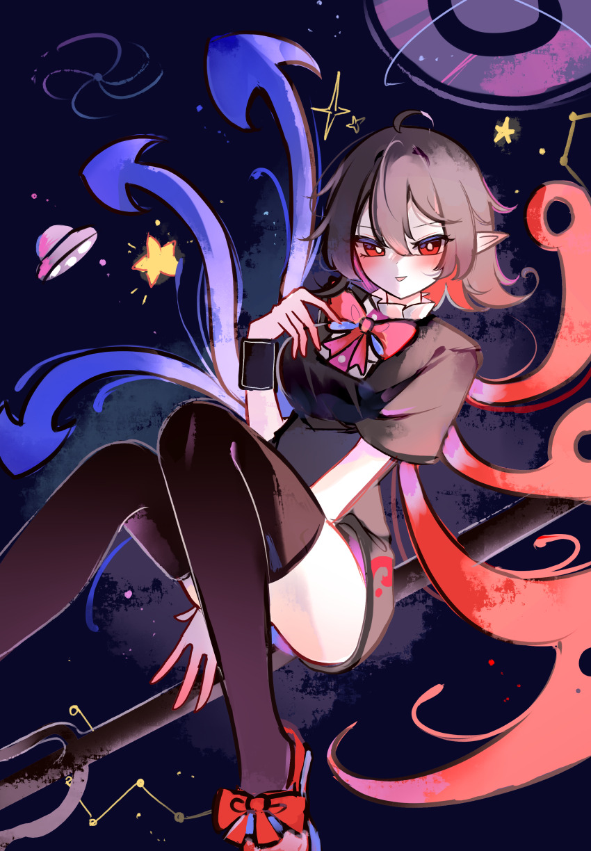 1girl absurdres asymmetrical_wings black_dress black_hair black_thighhighs blue_wings blush bow bowtie breasts chinese_commentary colored_inner_hair commentary_request convenient_leg dress foot_out_of_frame footwear_bow hair_between_eyes highres holding holding_polearm holding_weapon houjuu_nue looking_at_viewer mary_janes medium_breasts multicolored_hair nue_day open_mouth pointy_ears polearm purple_background red_bow red_bowtie red_eyes red_hair red_shoes red_wings shen_bi_ren_(user_rjgy2824) shoes short_dress short_hair short_sleeves sky smile solo star_(sky) starry_sky thighhighs tomoe_(symbol) touhou trident ufo weapon wings wristband