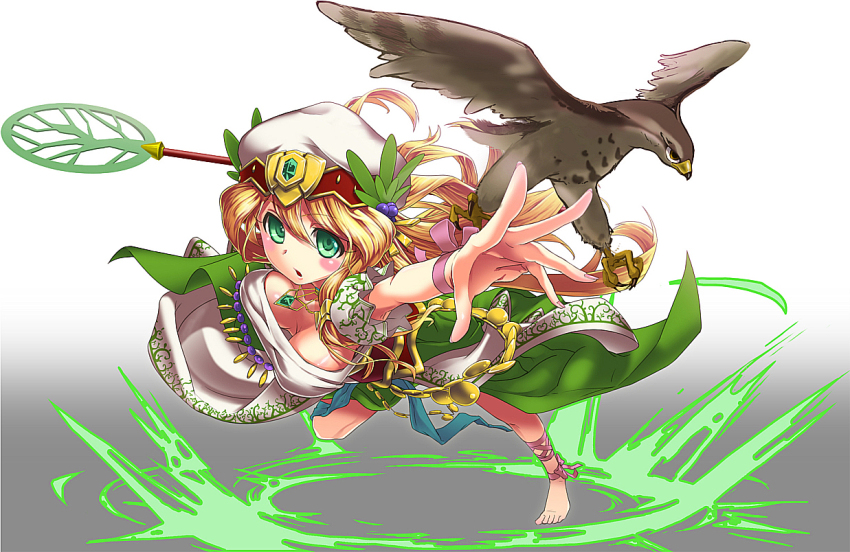 1girl akahane_daisuke bad_id bad_pixiv_id barefoot bird blonde_hair blush breasts falcon female_focus foreshortening freyja_(p&amp;d) gradient_background green_eyes large_breasts looking_at_viewer puzzle_&amp;_dragons running solo