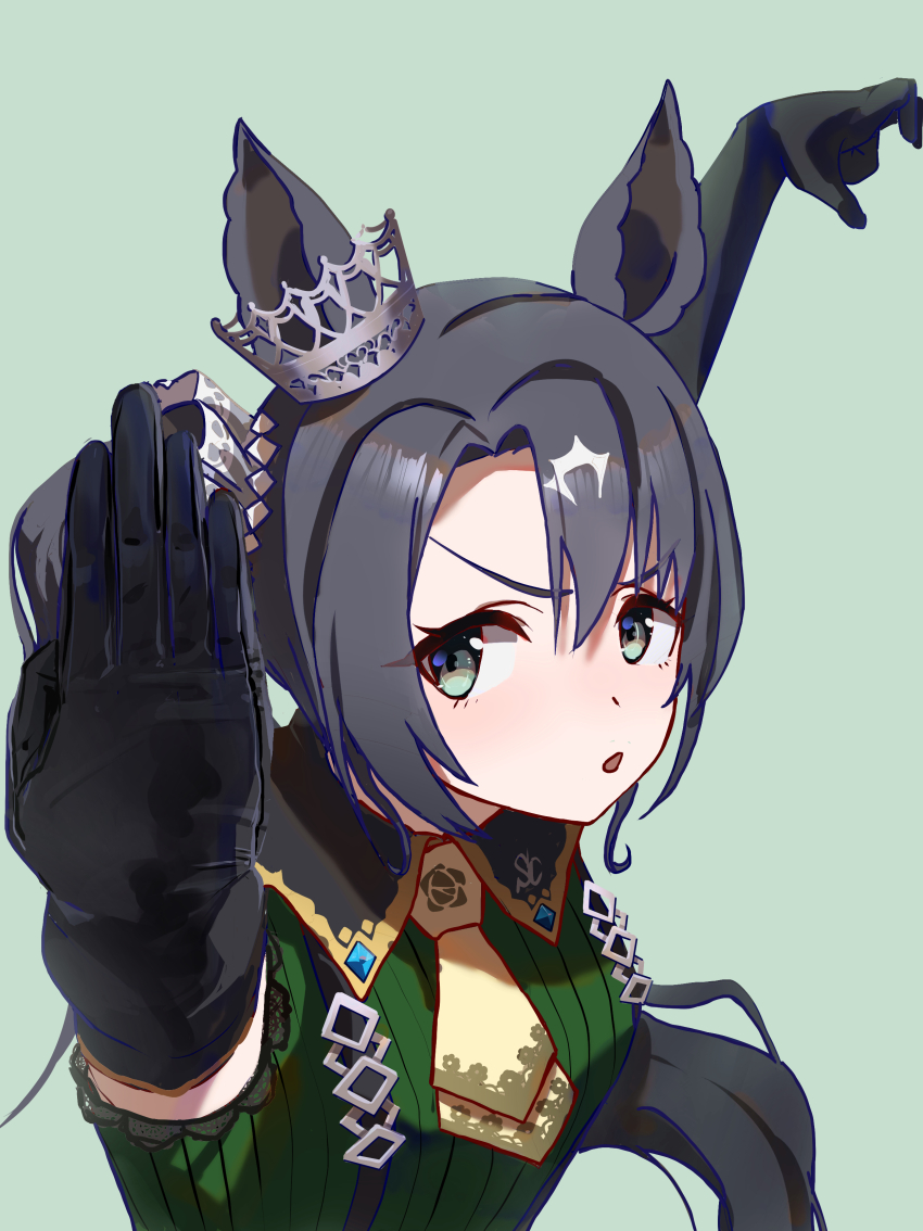 1girl absurdres animal_ears arm_up bare_shoulders black_hair blue_background commentary_request ear_ornament elbow_gloves gloves green_eyes green_shirt hair_ornament highres horse_ears horse_girl horse_tail jacket multicolored_hair necktie no_uwazumi open_clothes open_jacket satono_crown_(umamusume) shirt simple_background solo streaked_hair suspenders tail umamusume upper_body v-shaped_eyebrows white_hair yellow_necktie