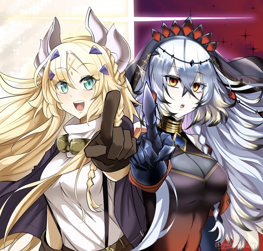 2girls absurdres black_tiara black_veil blazing_cartesia_the_virtuous blonde_hair blush braid breasts brown_gloves cleavage dual_persona duel_monster ecclesia_(yu-gi-oh!) facial_mark fake_horns forehead_mark gloves goggles goggles_around_neck green_eyes hair_between_eyes hair_ornament highres horns incredible_ecclesia_the_virtuous large_breasts long_hair looking_at_viewer multiple_girls orange_eyes pointing pointing_at_viewer signature smile stigmata synchroman tiara upper_body veil white_hair yu-gi-oh!