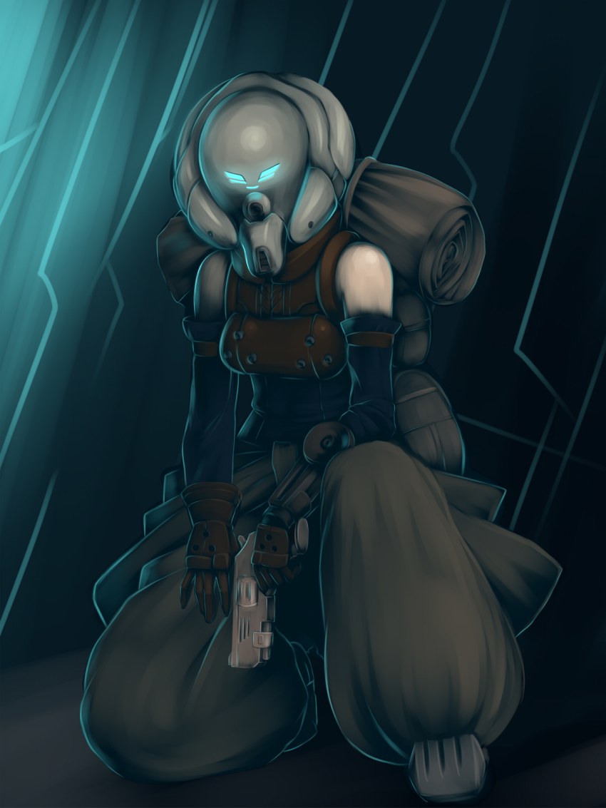 1girl armor backpack bag capcom character_request commentary_request female_focus gun handgun helmet highres lost_planet lost_planet_2 revolver solo vixen_(stinger) weapon
