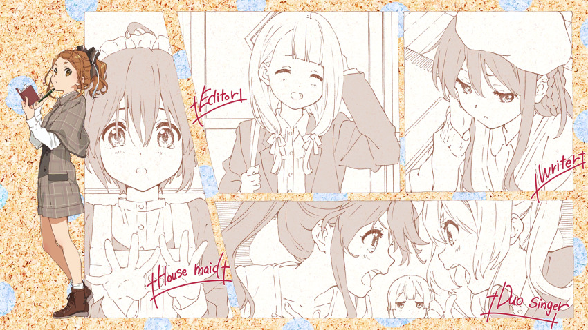 22/7 22/7_ongaku_no_jikan 6+girls arm_behind_head bow braid braided_hair_rings brown_capelet brown_eyes brown_footwear brown_hair brown_shorts capelet center-flap_bangs closed_eyes fujima_sakura game_cg hair_bow hair_ribbon hair_rings high_ponytail highres holding holding_notepad holding_pen horiguchi_yukiko jitome kamiki_mikami kono_miyako long_hair long_sleeves looking_at_viewer multiple_girls non-web_source notepad official_art open_mouth pen ponytail ribbon shirt shorts sidelocks smile socks tachikawa_ayaka takigawa_miu toda_jun tojo_yuki white_shirt white_socks