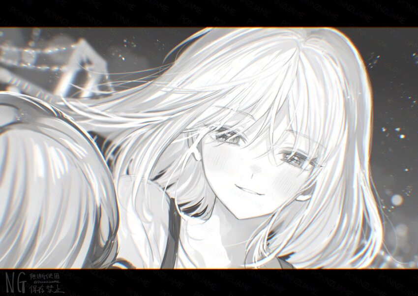 2girls amezawa_koma bang_dream! bang_dream!_it&#039;s_mygo!!!!! blush chromatic_aberration dutch_angle floating_hair greyscale highres letterboxed light_particles looking_at_another medium_hair misumi_uika monochrome multiple_girls night parted_lips portrait smile togawa_sakiko