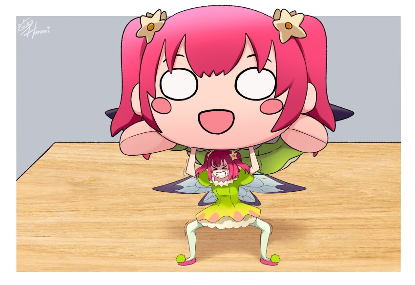 &gt;_&lt; 1girl :d absurdres artist_name blush_stickers border carrying_overhead character_doll clenched_teeth commentary dress fairy fairy_wings flats full_body genjitsu_no_yohane green_dress green_pantyhose grey_background heavy highres kurosawa_ruby love_live! love_live!_sunshine!! mini_person minigirl nesoberi open_mouth outside_border oversized_object pantyhose pink_shoes puffy_short_sleeves puffy_sleeves ruby_(genjitsu_no_yohane) shoes short_dress short_hair short_sleeves signature simple_background ska.harumi smile solo spread_legs standing sweatdrop teeth trembling two_side_up white_border wide_oval_eyes wings