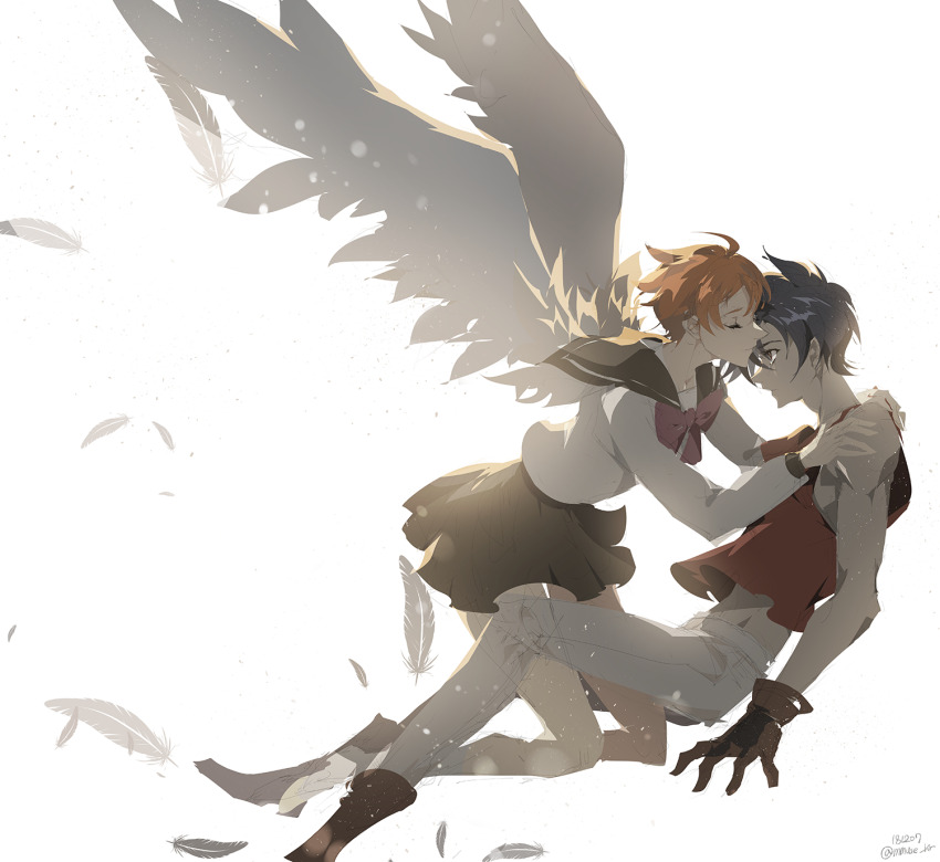 1boy 1girl bare_shoulders black_hair brown_hair brown_sailor_collar closed_eyes couple feathers gloves highres kanzaki_hitomi mmuse_kr muse_(rainforest) red_shirt sailor_collar school_uniform serafuku shirt short_hair skirt tenkuu_no_escaflowne van_fanel white_wings wings
