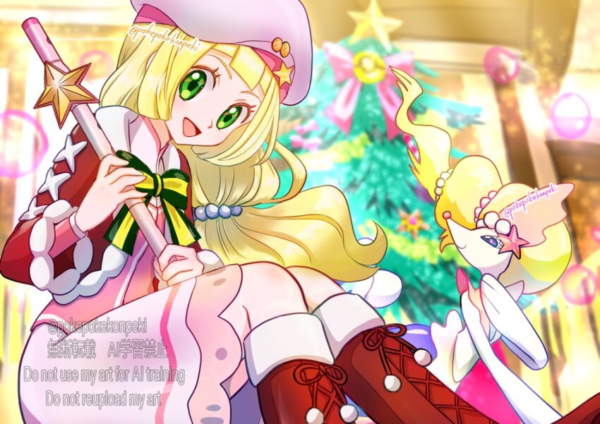 1girl :d alternate_color blonde_hair blurry blurry_background christmas_tree dress flute gen_7_pokemon green_eyes hat holding holding_flute holding_instrument instrument lillie_(holiday_2024)_(pokemon) lillie_(pokemon) long_hair looking_at_viewer nintendo official_alternate_costume open_mouth pink_hat pokemon pokemon_masters_ex pokepokekonpeki primarina recorder red_footwear shiny_pokemon smile twitter_username