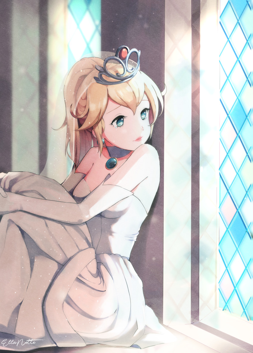 1girl artist_name bare_shoulders blonde_hair blue_eyes breasts bridal_veil bride choker closed_mouth collarbone dress earrings elbow_gloves ellanotte eyelashes gloves highres indoors jewelry knees_up lips looking_outside mario_(series) medium_breasts medium_hair nintendo pendant_choker pink_lips ponytail princess_peach signature sitting solo strapless strapless_dress super_mario_odyssey tearing_up tiara veil wedding_dress white_choker white_dress white_gloves window