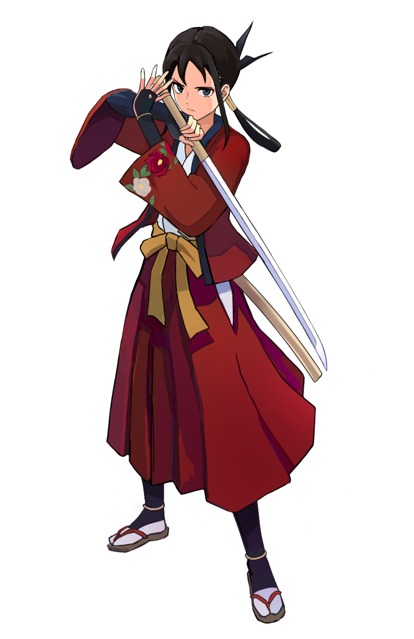 1girl bakumatsu_rouman bakumatsu_rouman_dainimaku black_hair hakama hakama_skirt highres holding holding_weapon japanese_clothes katana long_hair okken ponytail red_hakama sheath skirt snk solo standing sword takane_hibiki weapon white_background