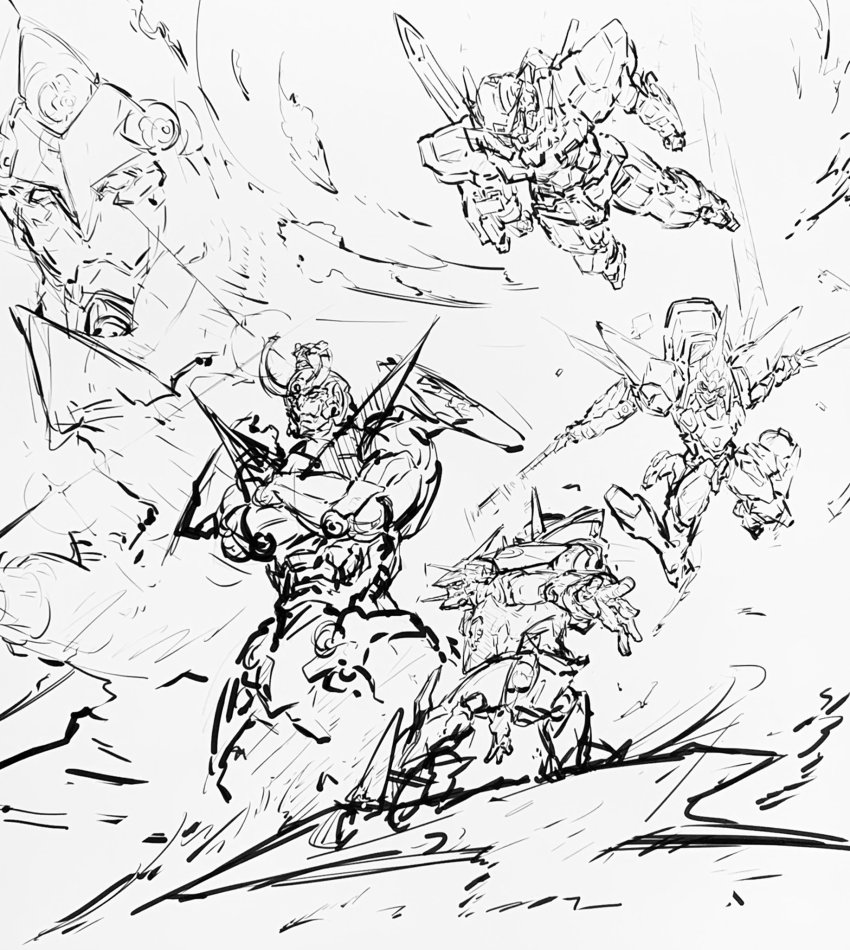 clenched_hands code_geass crossed_arms crossover drill dual_wielding eureka_seven eureka_seven_(series) flying greyscale gunbuster_pose gundam gundam_00 gundam_exia gurren-lagann highres holding holding_sword holding_weapon lancelot_(code_geass) lancelot_z-01 lazengann looking_at_viewer looking_down mecha mecha_focus monochrome multiple_crossover nirvash no_humans open_hand robot sa/tsu/ki science_fiction skating sketch squatting super_robot sword tengen_toppa_gurren_lagann weapon
