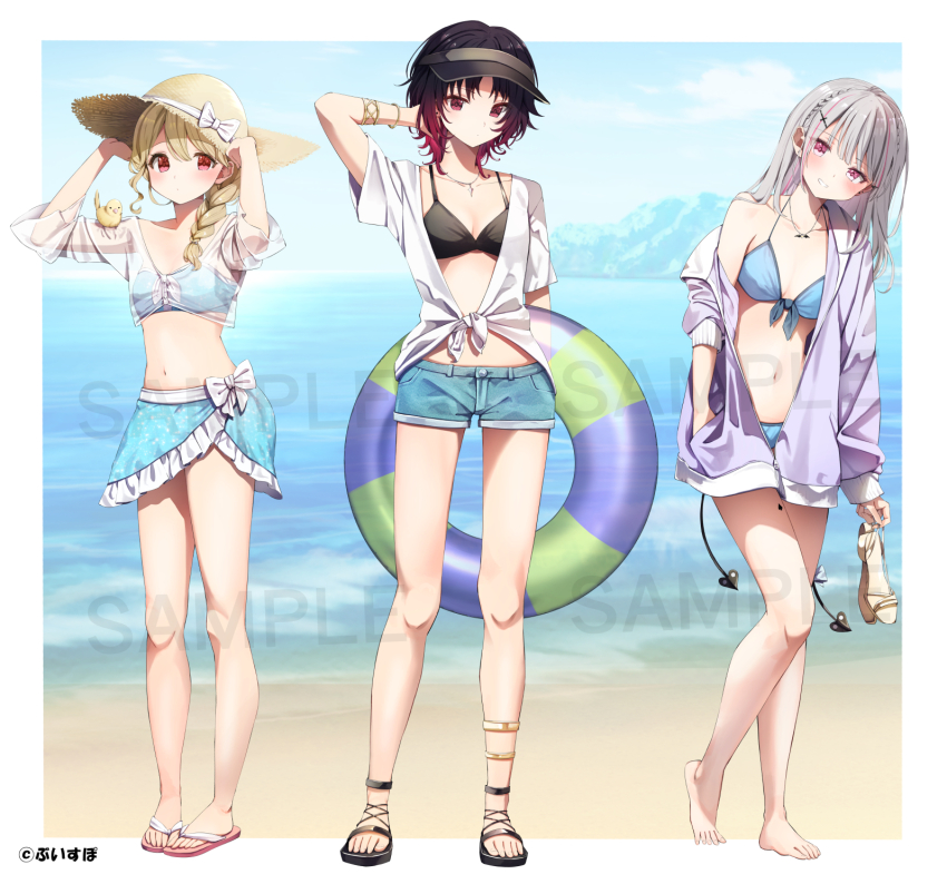 3girls ankle_strap asumi_sena asumi_sena_(summer_c102) bare_legs bare_shoulders barefoot bikini bikini_skirt bikini_under_clothes bikini_under_shorts black_bikini black_hair blonde_hair blue_bikini bow bracelet breasts comiket_102 flip-flops gradient_hair grey_hair hat hat_bow heart heart_tail highres holding holding_sandals holding_unworn_clothes holding_unworn_hat jacket jewelry kisaragi_ren_(summer_c102) kisaragi_ren_(vtuber) kogara_toto kogara_toto_(summer_c102) leglet multicolored_hair multiple_girls necklace off_shoulder red_eyes red_hair sandals see-through_clothes see-through_sleeves short_shorts shorts small_breasts straw_hat streaked_hair summer_tail720 swimsuit tail twintails unworn_hat unworn_headwear virtual_youtuber vspo! white_bow